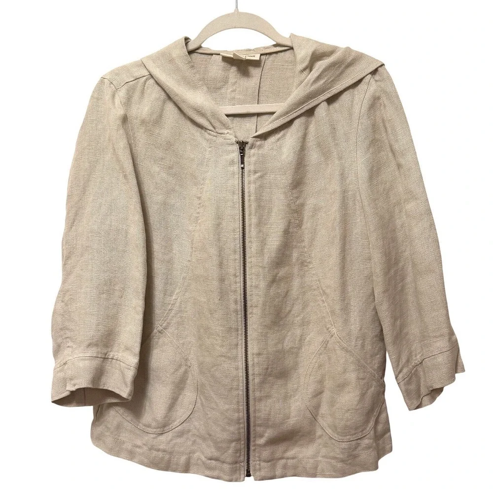 Coldwater Creek Beige 100% Linen Full Zip Hooded Jacket 3/4 Sleeve Small Travel